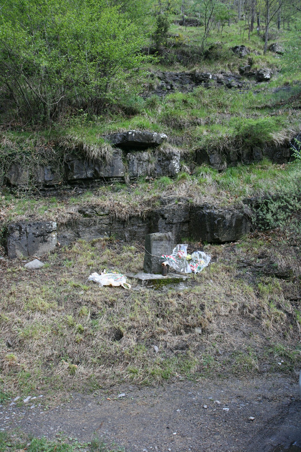 Cippo a Venturi immerso nella natura, circondato da vegetazione e rocce, testimonianza storica in un paesaggio suggestivo.