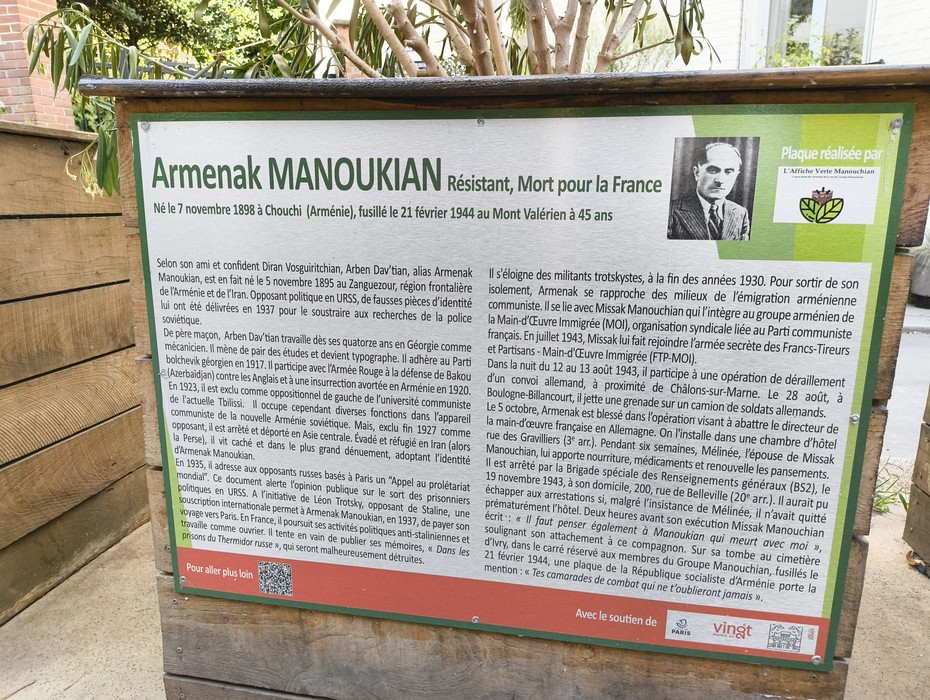 Targa commemorativa dedicata ad Armenak Manoukian, partigiano e resistente, morto per la Francia nel 1944.