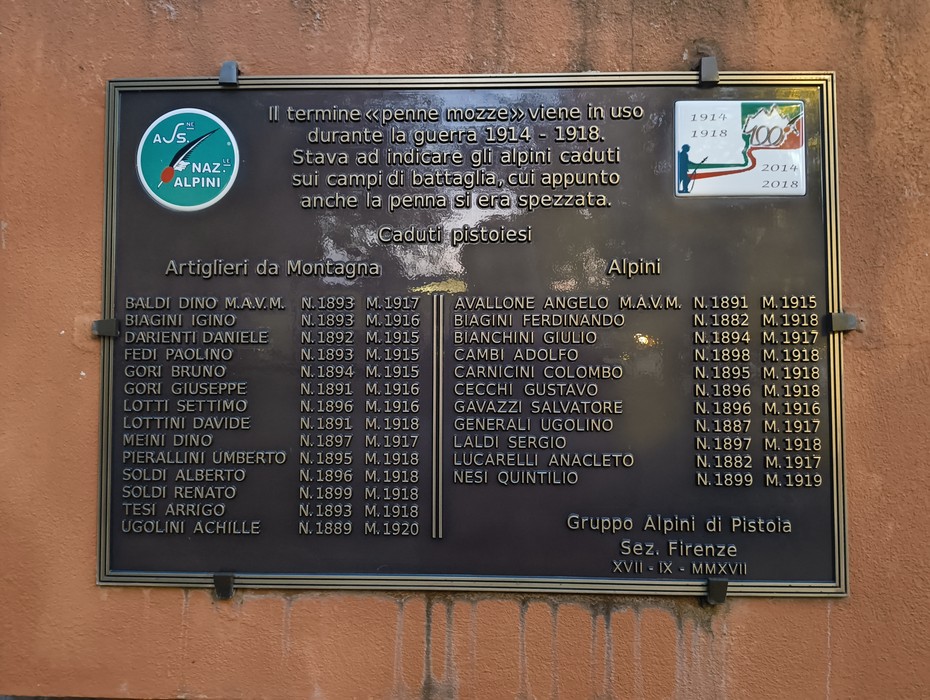 Targa commemorativa dedicata ai caduti della Grande Guerra, con nomi di artiglieri e alpini. Sez. Firenze.