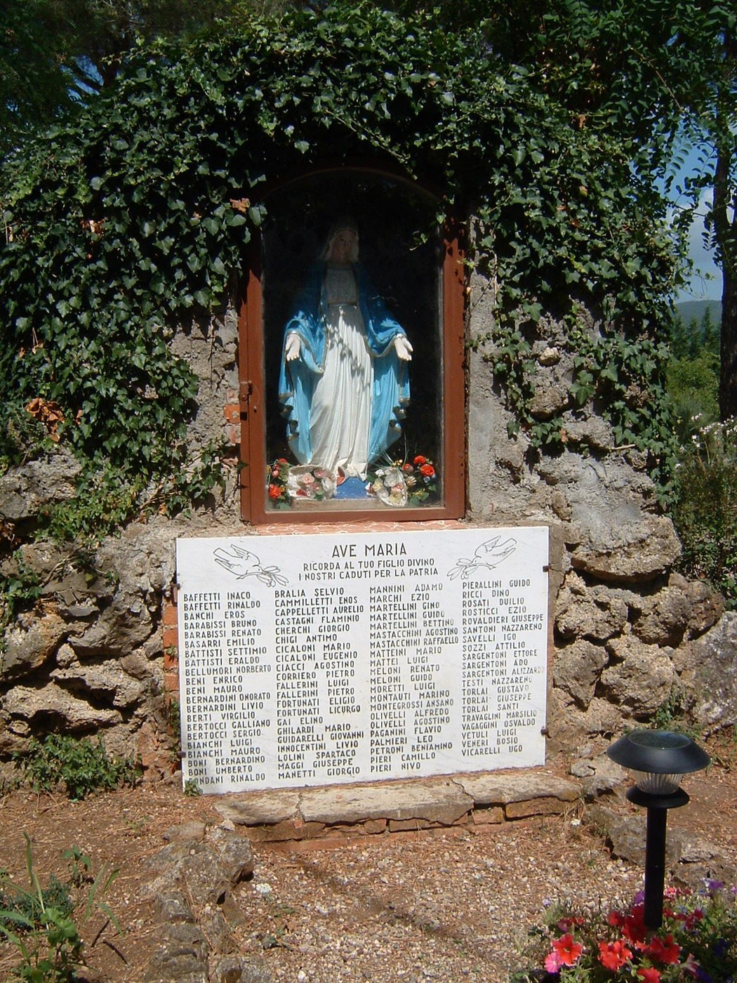 Tabernacolo commemorativo dedicato alle vittime di Niccioleta, con statue e lista dei nomi.