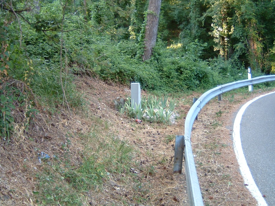 Cippo commemorativo circondato da vegetazione lungo una strada curvilinea.