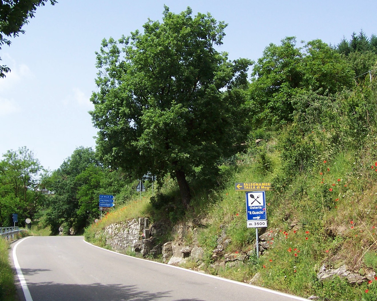 Cippo memoriale dedicato a Nuti e Ferrini lungo una strada circondata da vegetazione e segnaletica.