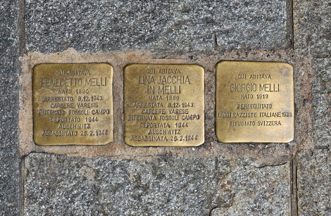Pietre d'inciampo dedicate a Benedetto Melli, Lina Jacchia e Giorgio Melli, simbolo della memoria storica.