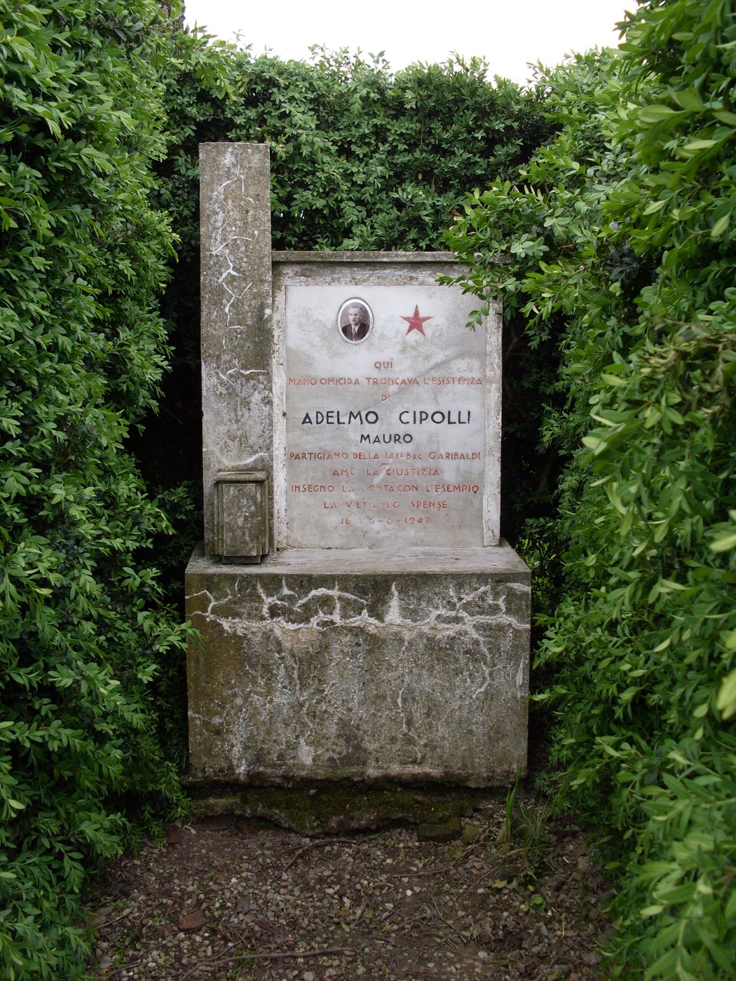 Cippo commemorativo dedicato a Adelmo Cipolli, immerso nel verde, con targa incisa e simbolo rosso.