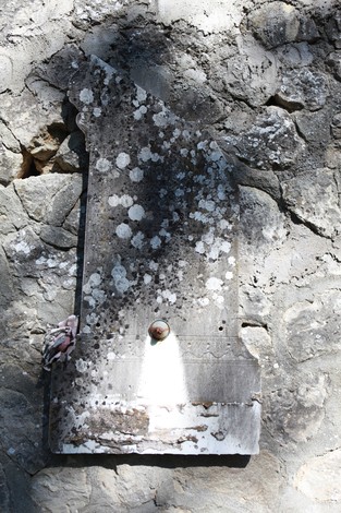 Vecchi sepolcri al cimitero di San Martino, caratterizzati da marmi consumati e licheni sulle superfici.