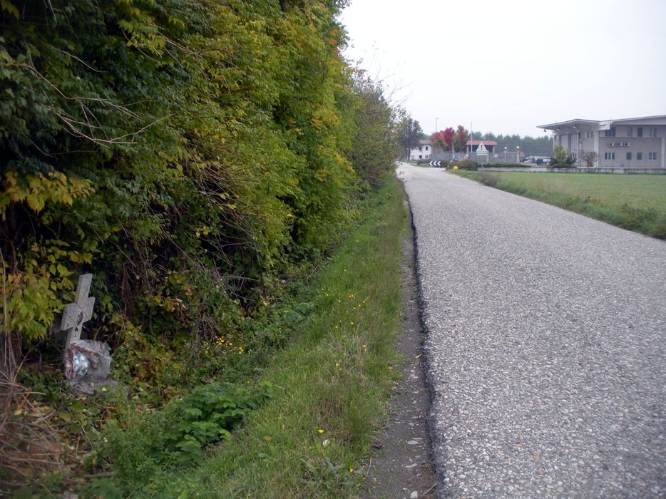 Croce a Bosio lungo una strada, circondata da vegetazione e visibile sullo sfondo un edificio.
