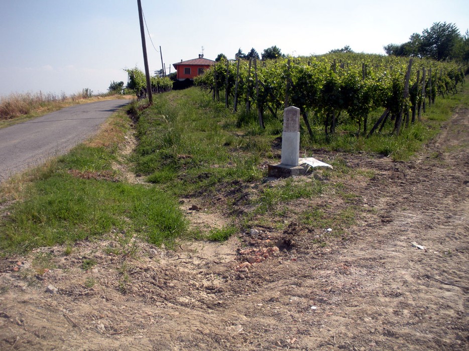 Lapide a Negri in un paesaggio rurale, circondata da vigneti e un'abitazione.