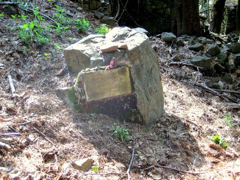 Lapide in pietra immersa nella vegetazione, simbolo commemorativo a Bollea.