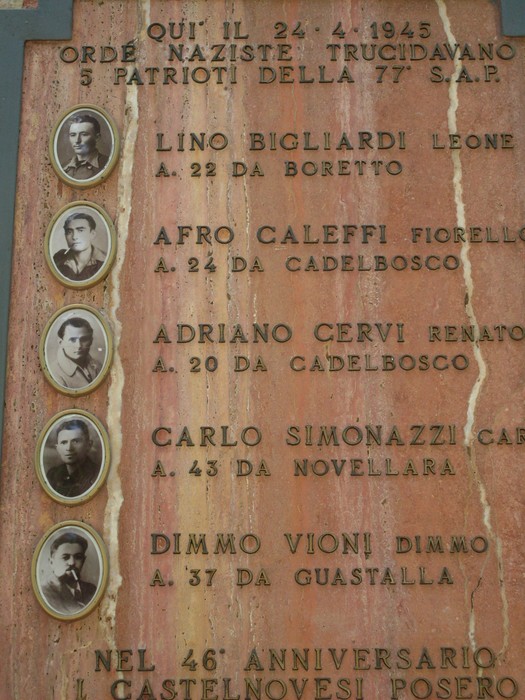 Lapide commemorativa dedicata a Lino Bigliardi e a altri patrioti, vittime della nazifascismo.
