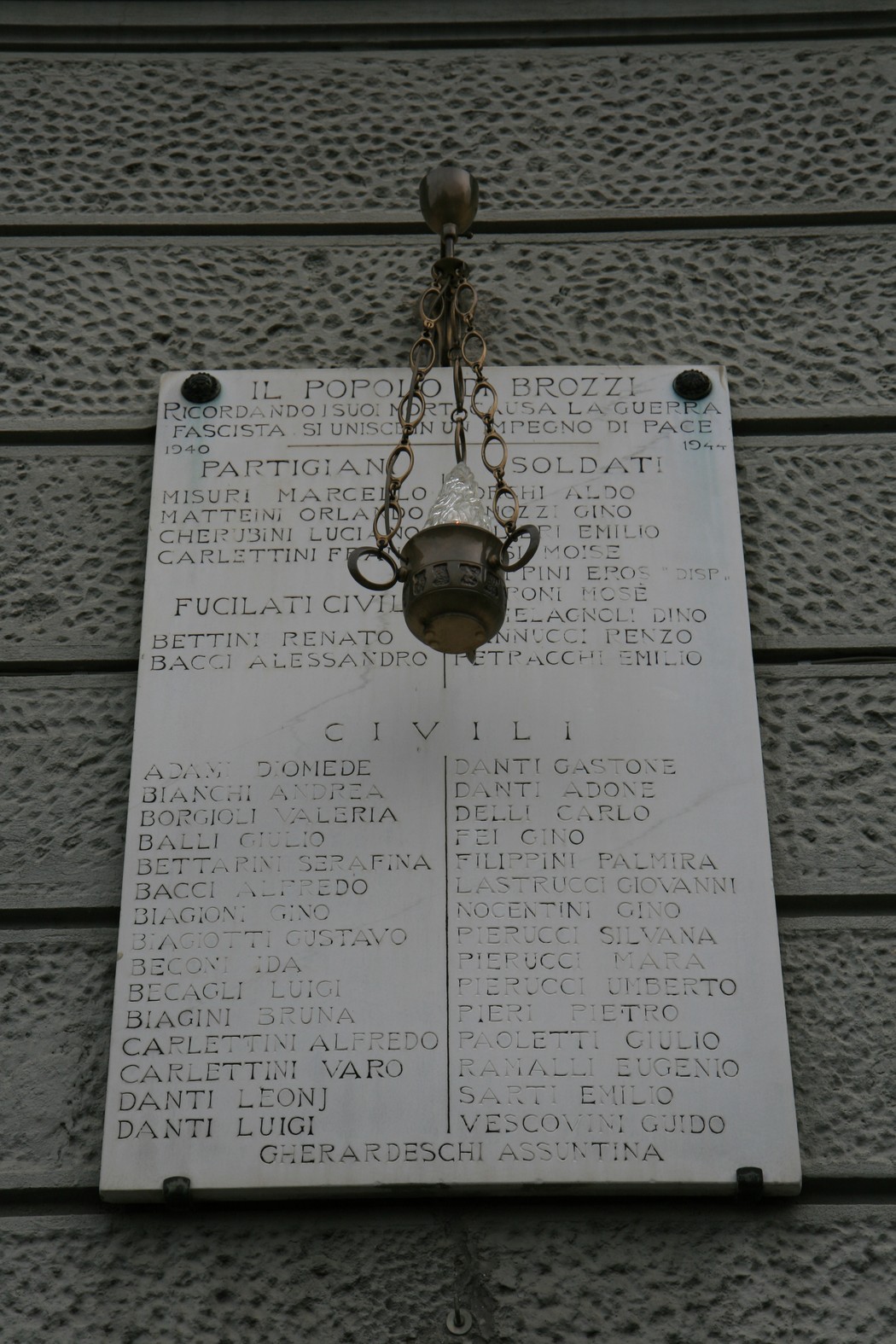 Lapide commemorativa ai caduti di Brozzi, dedicata a partigiani e civili.