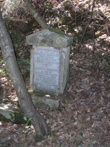 Cippo commemorativo dedicato a Cecconi e Iacopini, immerso nella natura e circondato da foglie.