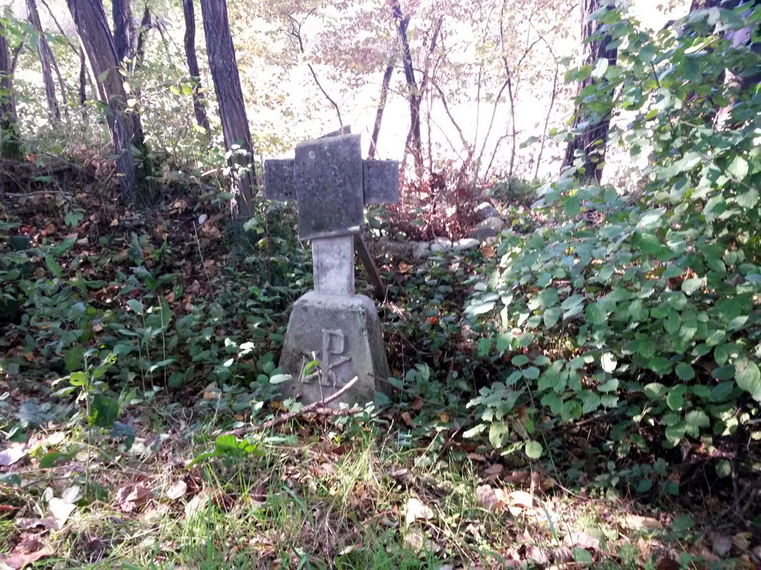 Croce in pietra immersa nella vegetazione, simbolo di memoria nel bosco di Pienovi.