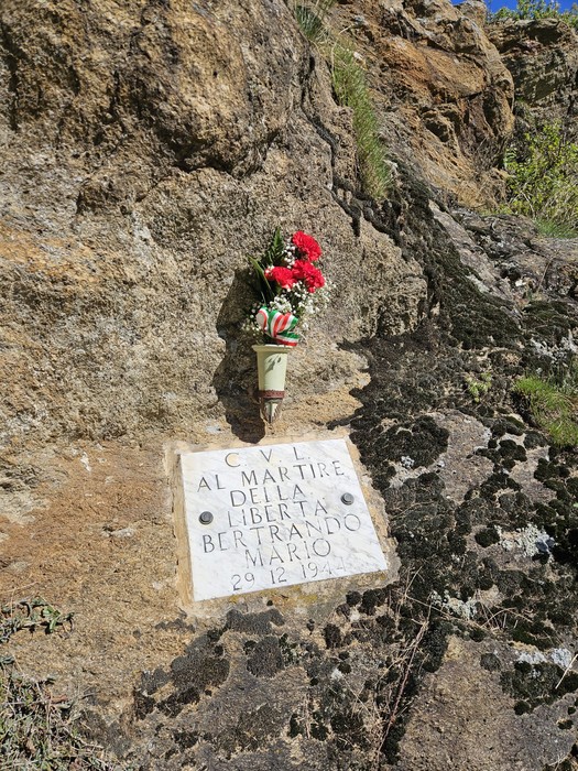 Lapide commemorativa a Bertrando Mario, martire della libertà, con fiori rossi su una roccia.
