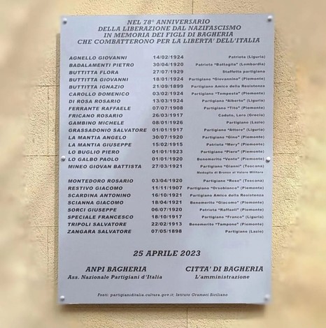 Lapide commemorativa ai partigiani di Bagheria che combatterono per la libertà, 25 aprile 2023.