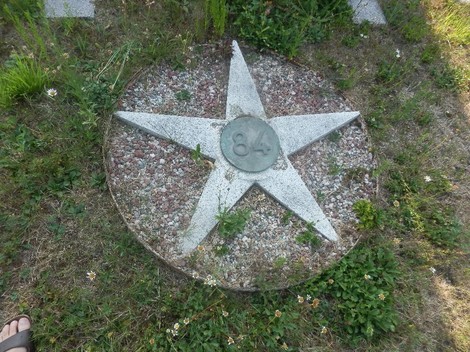 Monumento ai caduti della 84° brigata, con una stella decorativa in pietra circondata da erba e fiori.