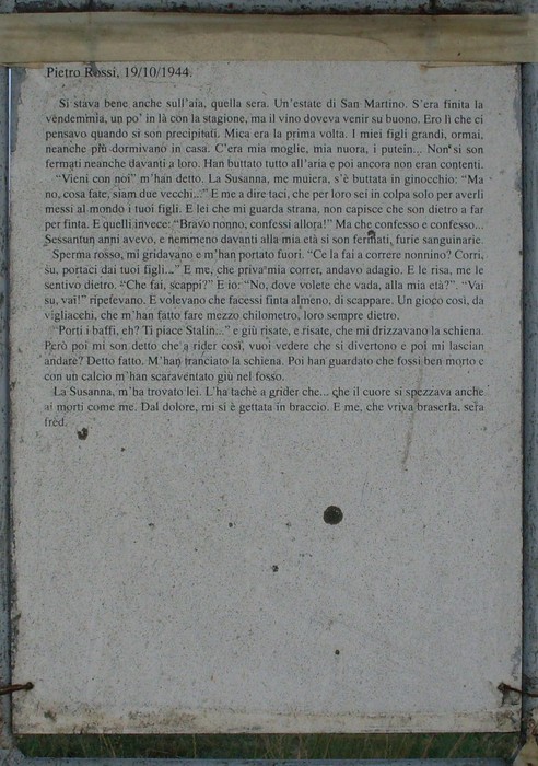 Cippo commemorativo dedicato a Pietro Rossi, ricordato per il suo impegno e sacrificio.