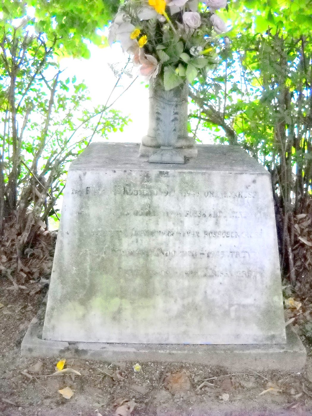 Cippo commemorativo con fiori, dedicato ai caduti in guerra, immerso nel verde.