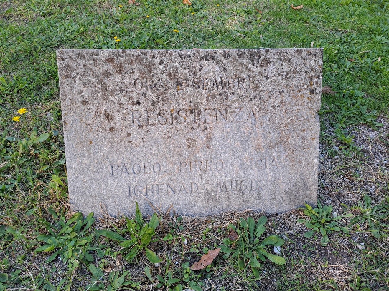 Lastra commemorativa dedicata a Licia e Mugik, situata in un'area verde.