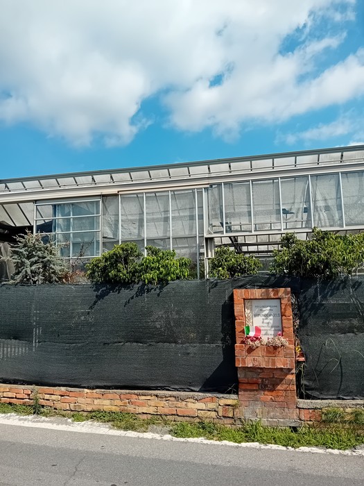 Lapide commemorativa ad Arimondo, con edificio moderno sullo sfondo e vegetazione circostante.