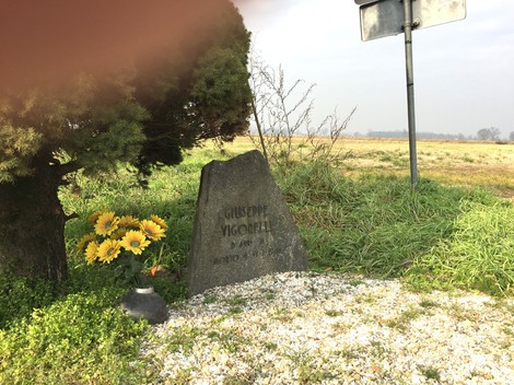 Cippo commemorativo di Giuseppe Vigorelli, circondato da fiori e vegetazione in un paesaggio rurale.