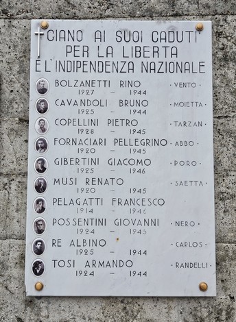 Monumento commemorativo ai Caduti Partigiani e Civili di Ciano, con elenchi di nomi incisi su una lastra di pietra.