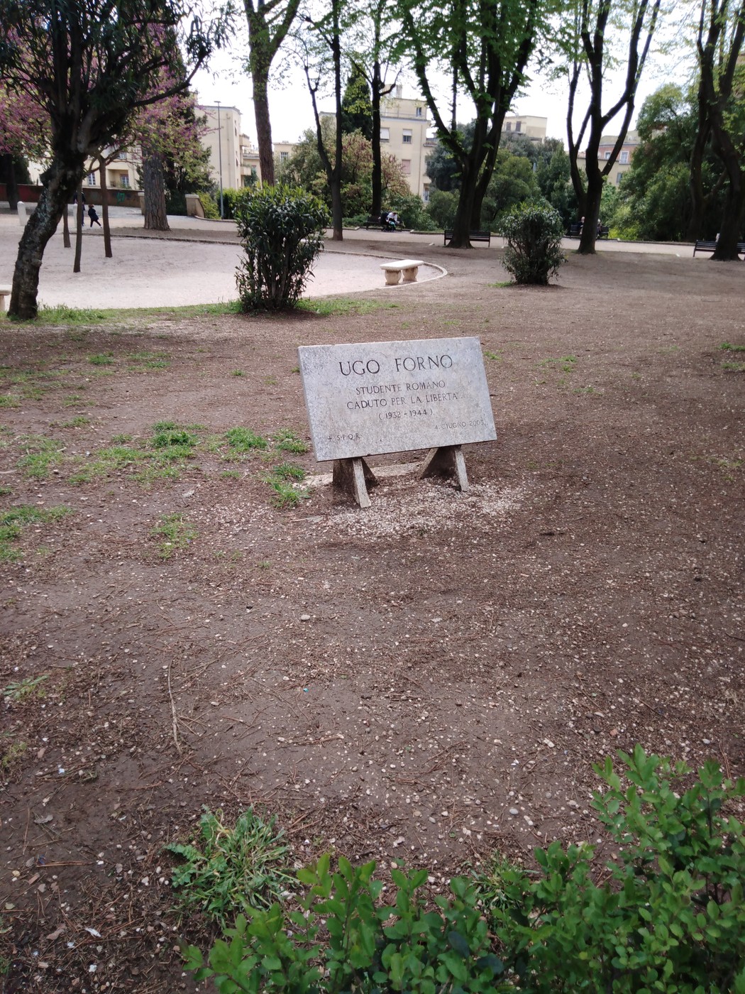 Lapide commemorativa dedicata a Ugo Forno in un parco, circondata da vegetazione.