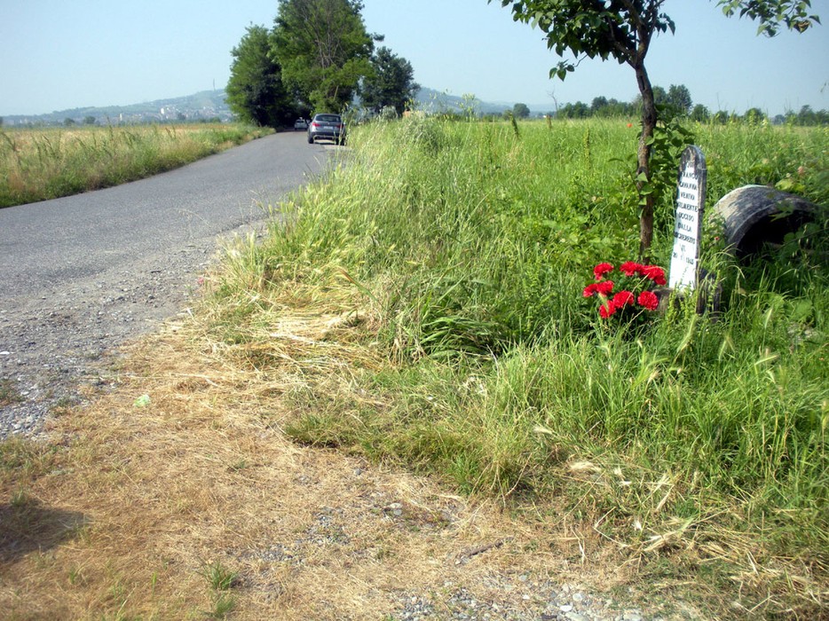 Cippo a Cavanna immerso nella natura, con un vialetto e fiori rossi ai suoi piedi.