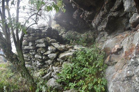 Rifugio partigiano immerso nella natura, circondato da rocce e vegetazione lussureggiante.