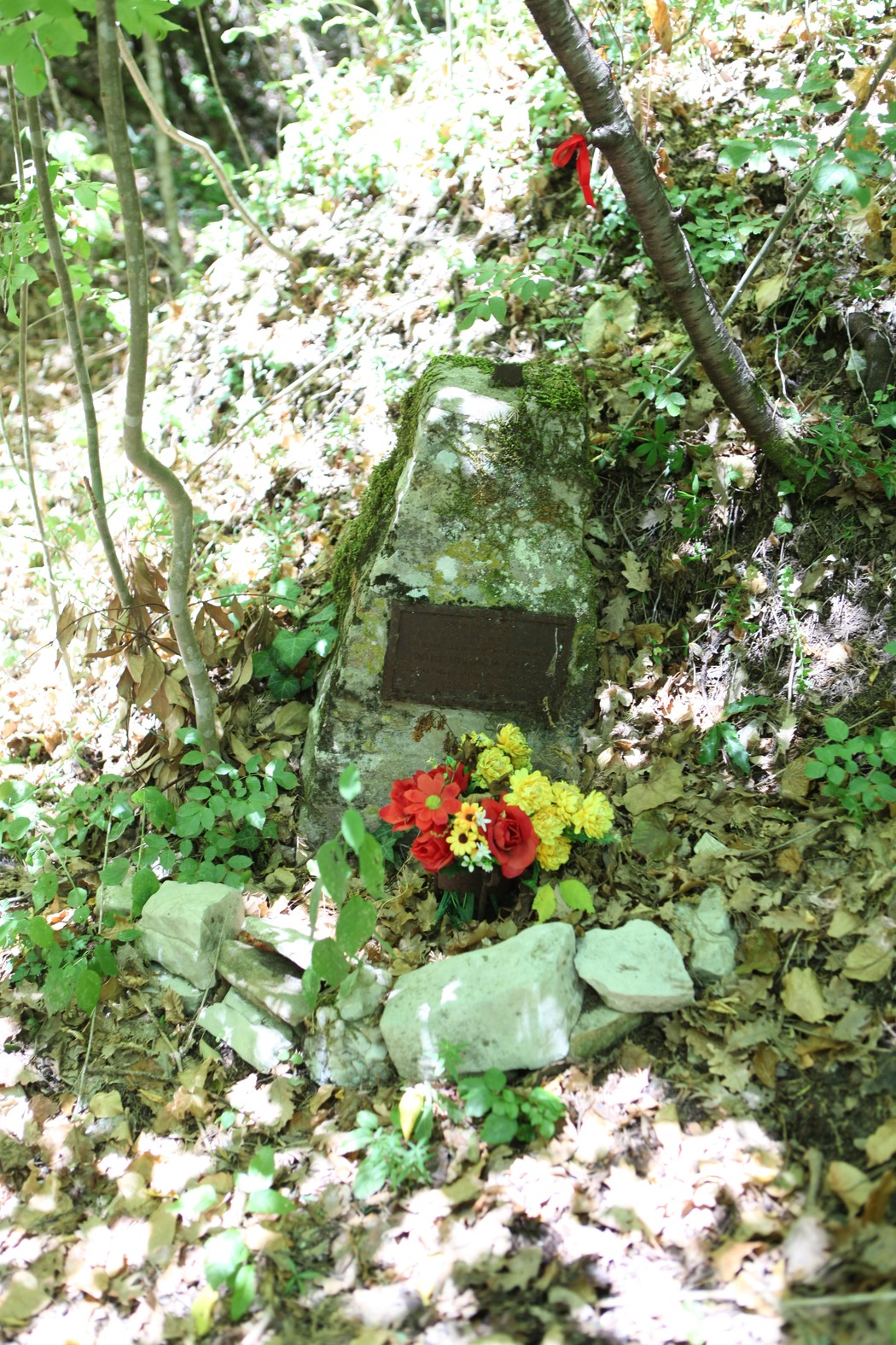 Cippo commemorativo con fiori, immerso nella vegetazione di un bosco.