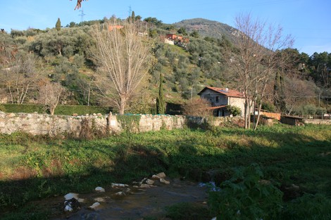 Vista panoramica della storica "Lapide del Baccatoio" immersa nel verde delle colline toscane.
