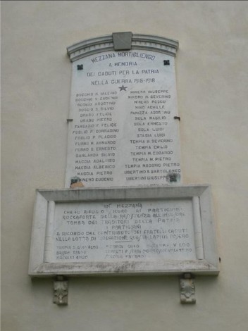 Lapide commemorativa ai caduti partigiani di Mezzana con i nomi dei defunti in guerra.