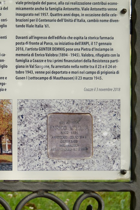 Pannello informativo con pietra d'inciampo dorata a terra e iscrizione, su sfondo erba.