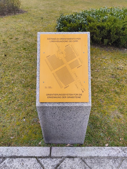 Pannello informativo del cimitero militare italiano di Zehlendorf con mappa e indicazioni sui cipri.
