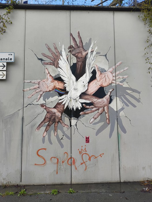 Murale di Pioppe che rappresenta mani e una colomba in un forte messaggio di libertà e unità.