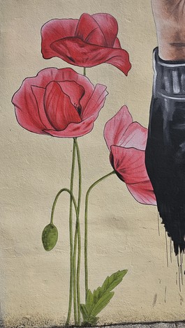 Murale colorato che rappresenta fiori di papavero con petali rossi su sfondo chiaro.