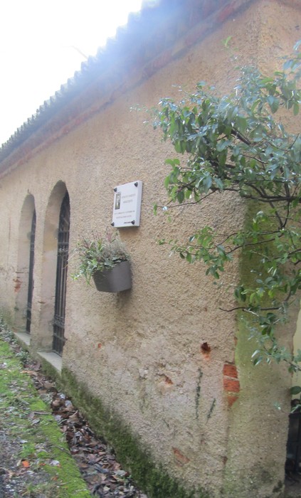 Lapide a Moreschetti su una parete di un edificio, circondata da vegetazione e superficie in pietra.