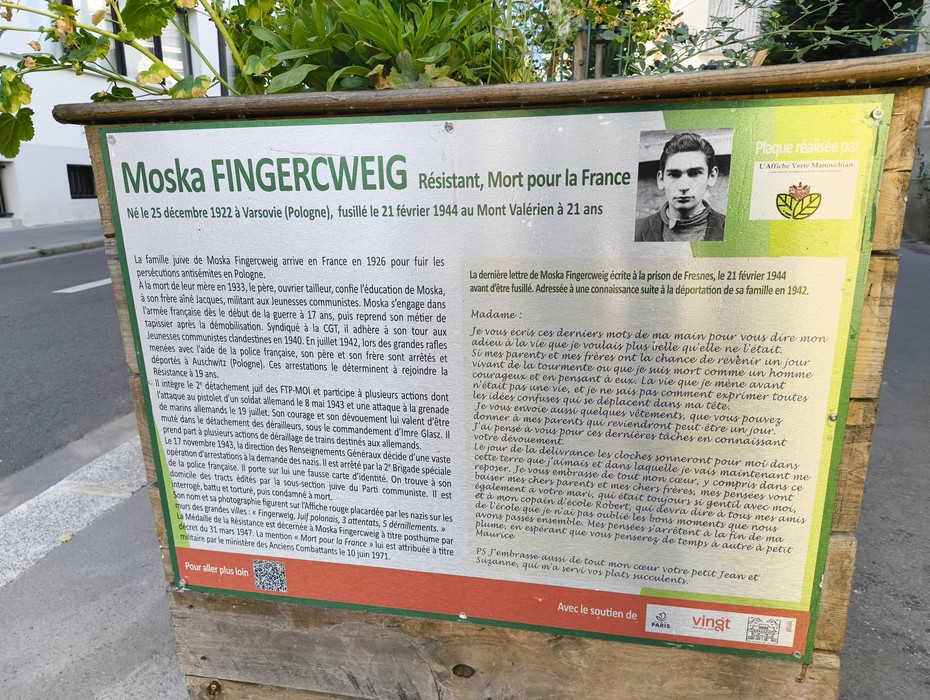 Targa commemorativa dedicata a Moska Fingerweig, partigiano, morto per la Francia durante la Seconda Guerra Mondiale.