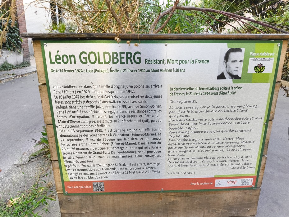 Targa commemorativa dedicata a Léon Goldberg, resistente e martire francese nel 1944.