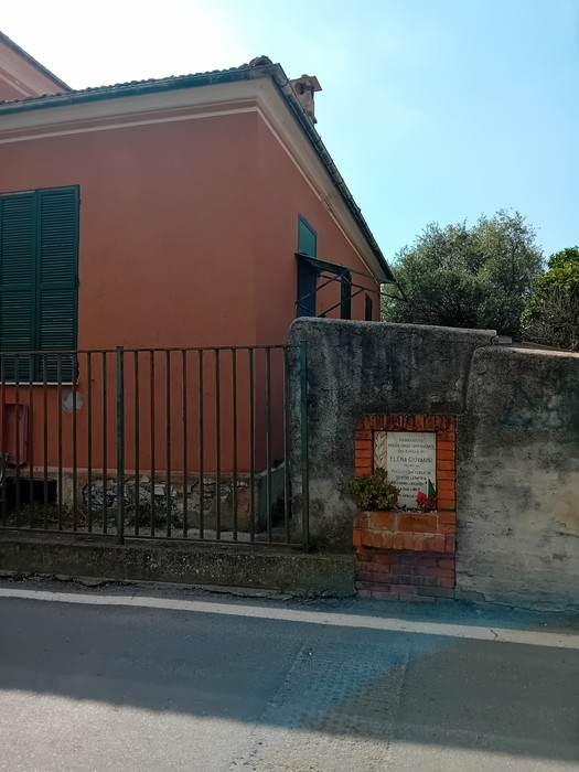 Lapide dedicata a Elena, affissa su un muro di un edificio colorato, in un contesto urbano tranquillo.