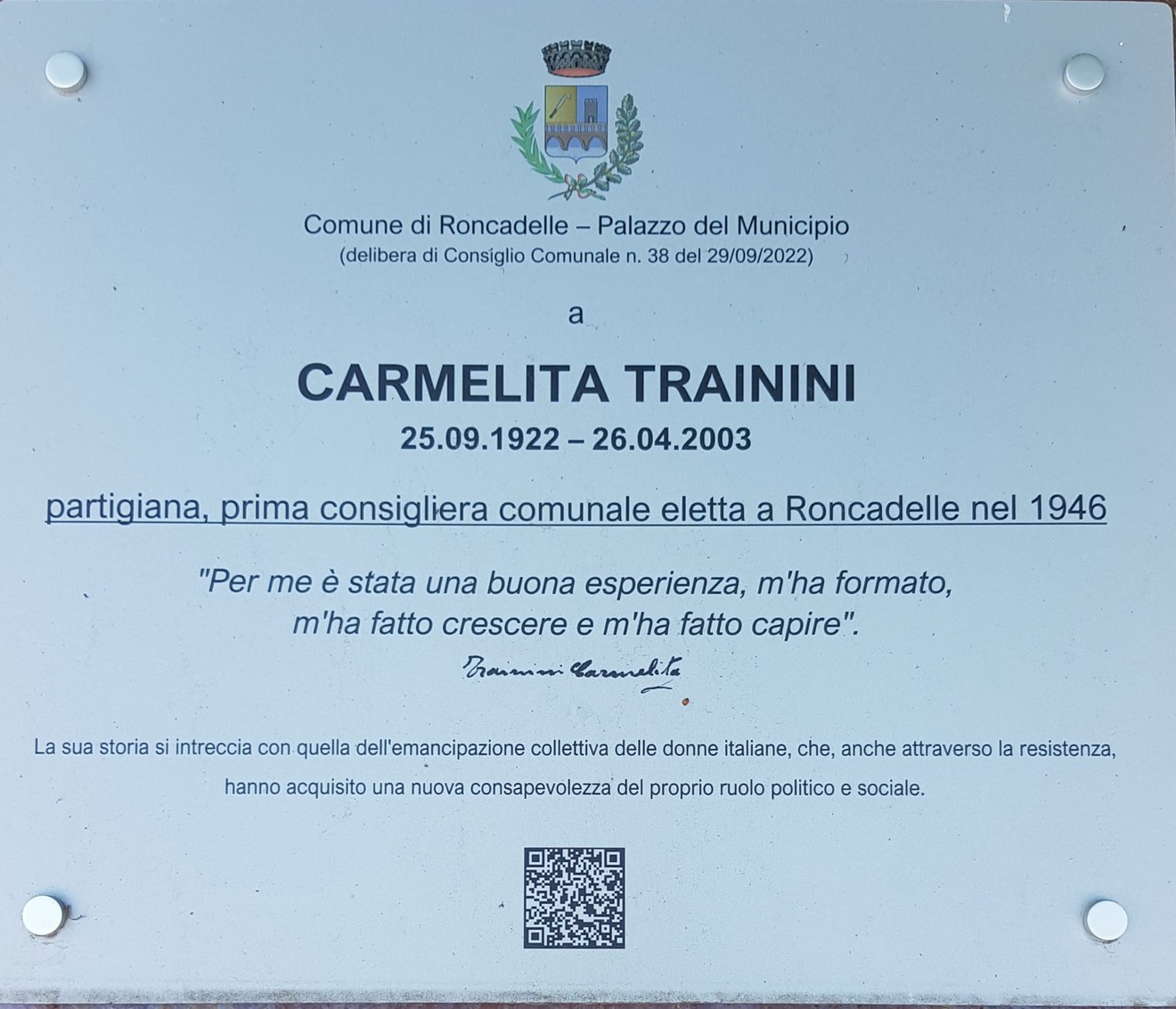 Targa commemorativa dedicata a Carmelita Trainini, prima consigliera comunale di Roncadelle del 1946.