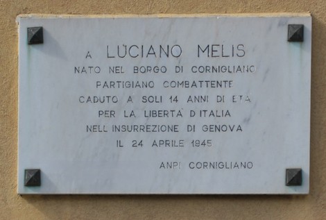 Lapide commemorativa dedicata a Luciano Melis, partigiano caduto per la libertà d'Italia nel 1945 a Genova.