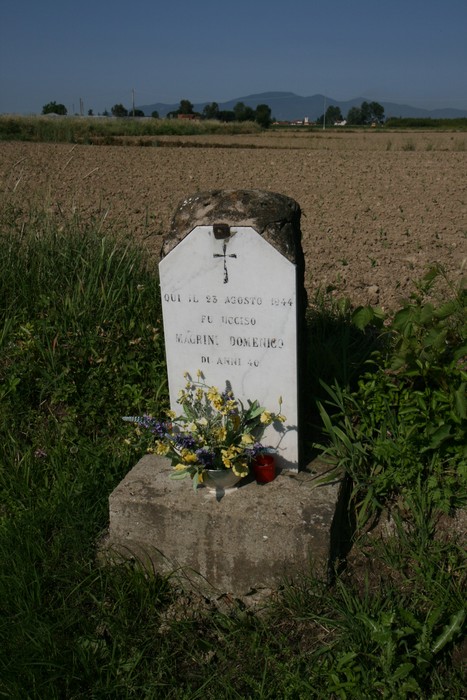 Cippo commemorativo dedicato a Domenico Magrini, situato in un campo.