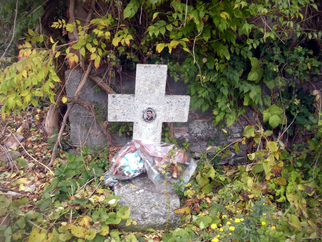 Croce in pietra circondata da vegetazione e fiori, simbolo di memoria e devozione a Bosio.