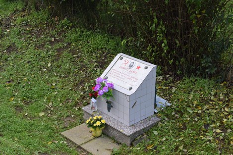 Cippo commemorativo con fiori in una zona verde, dedicato a Zanotti. Memoria e ricordo in un contesto naturale.