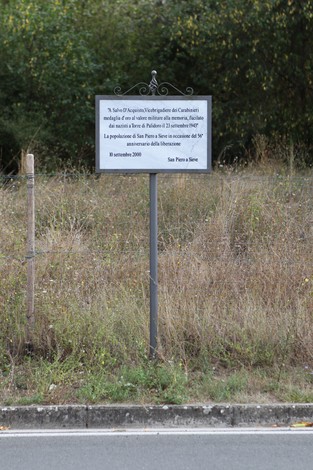 Targa commemorativa dedicata a Salvo D'Acquisto, situata in un'area verde all'aperto.