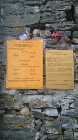 Targhe informative appese su un muro di pietra, circondate da elementi naturali.