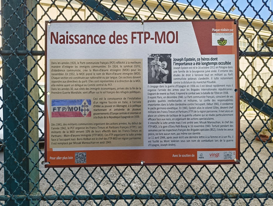 Targa commemorativa dedicata al Gruppo Manouchian e alla resistenza francese durante la Seconda Guerra Mondiale.