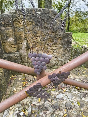 Rovine della chiesa di Casaglia, con elementi artistici metalici che richiamano l'uva, in un contesto naturale.