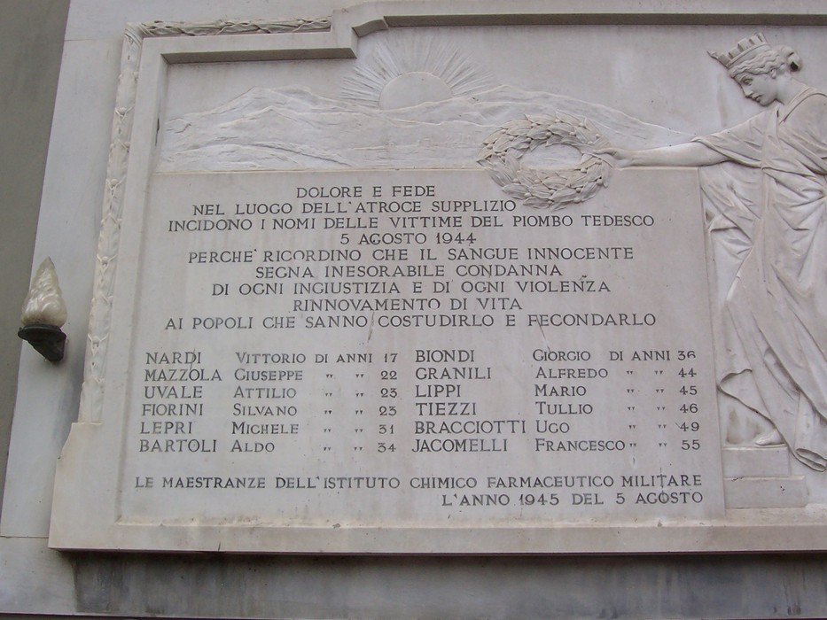 Lapide commemorativa delle vittime dell'Istituto Farmaceutico Militare, dedicata al ricordo e alla condanna delle atrocità.
