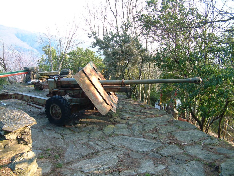Cannone storico nel Parco della Resistenza del Monte Brugiana, immerso nella natura e nella storia.